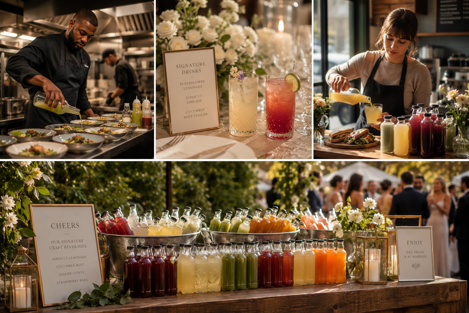 Catering and event service: chef plating, signature drinks display, beverage service, and craft beverage station