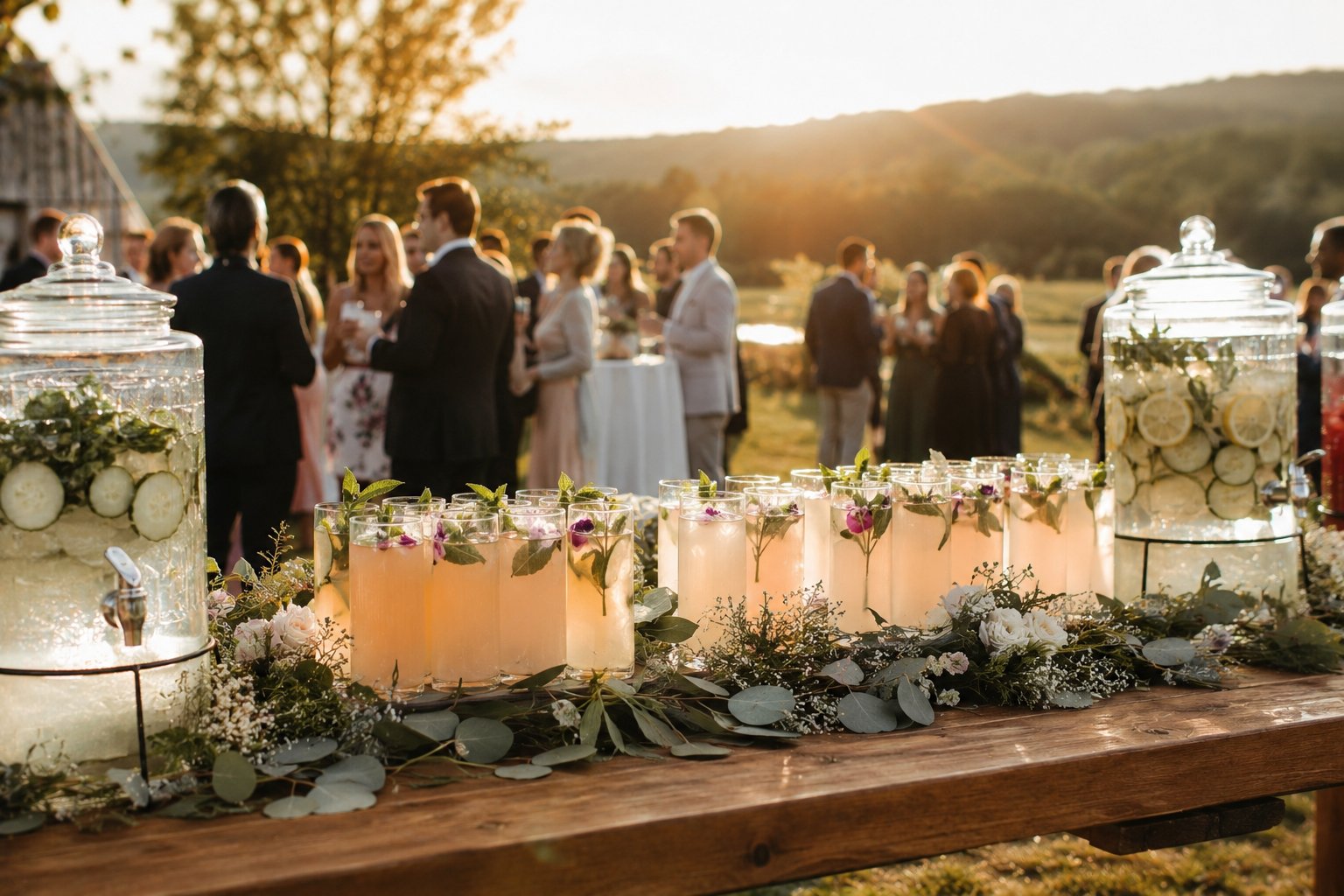 Sunset wedding cocktail hour with infused water dispensers and craft beverages