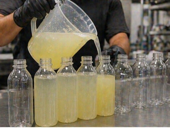 Hand-pouring fresh lemonade into bottles