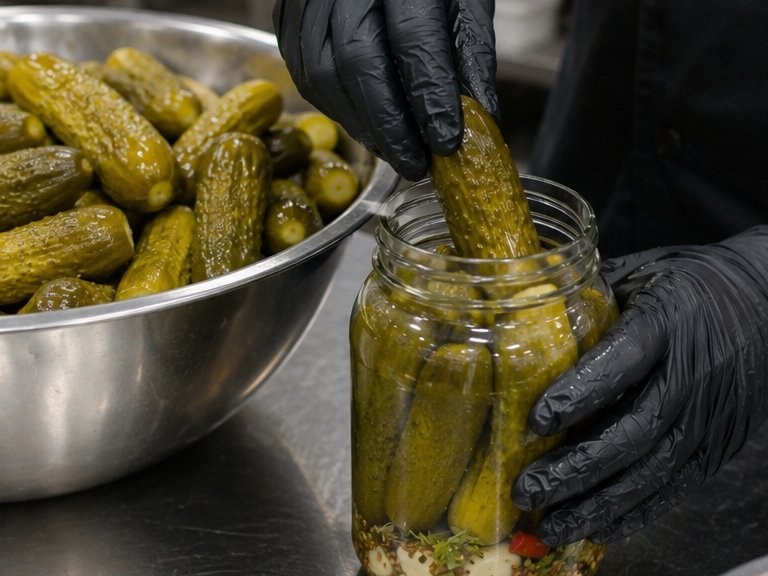 Hand-packing pickles into jars