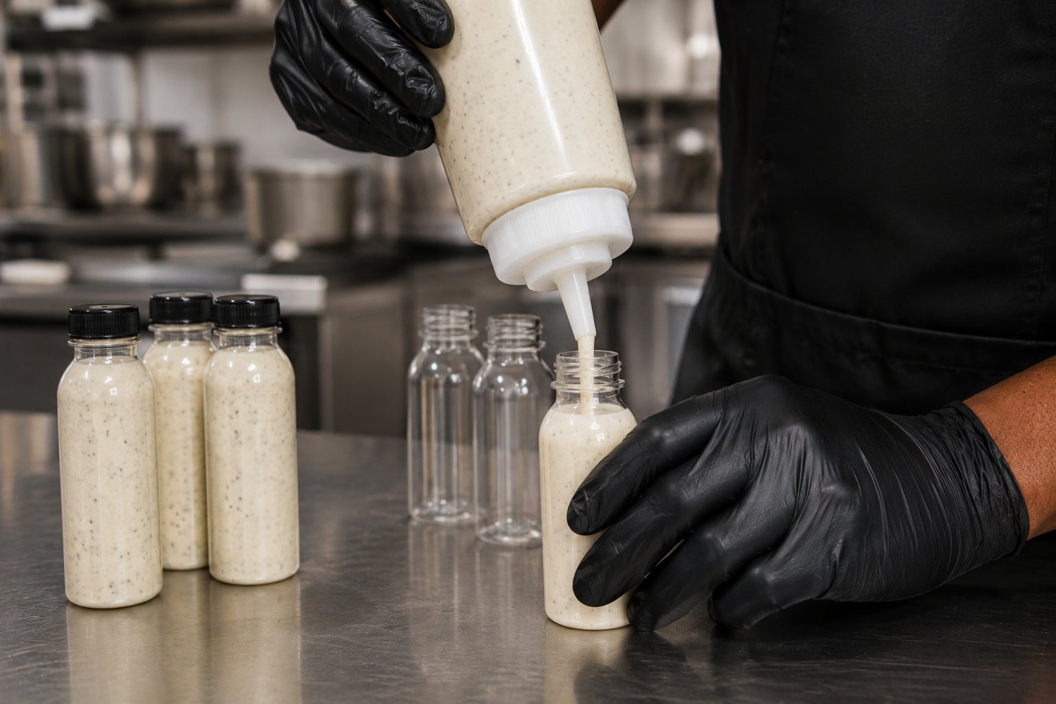 Hand-filling white sauce bottle