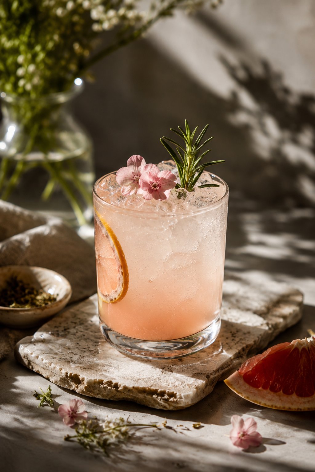 Sober-curious grapefruit mocktail with rosemary and edible flowers